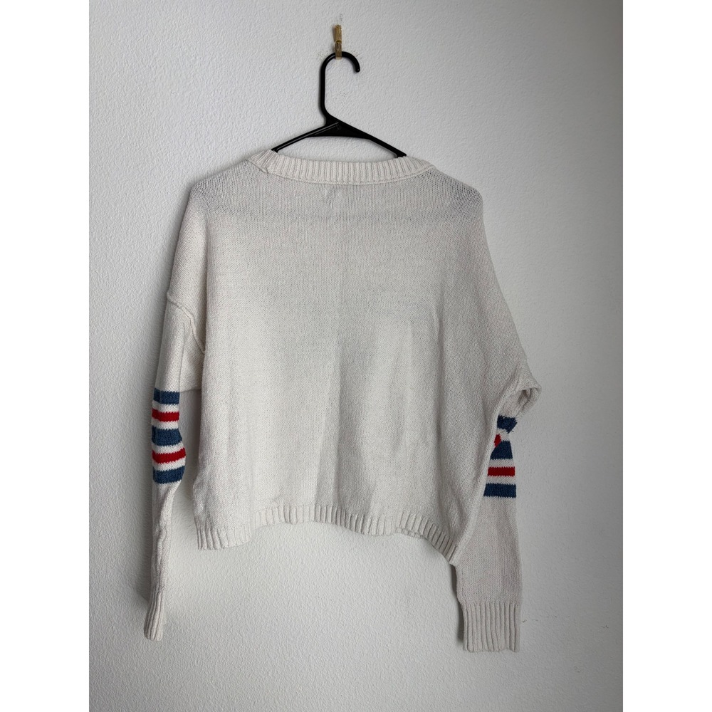 American Eagle 77 Graphic Sweater Cream Blue Red Striped Sleeve Women's M - Picture 3 of 3